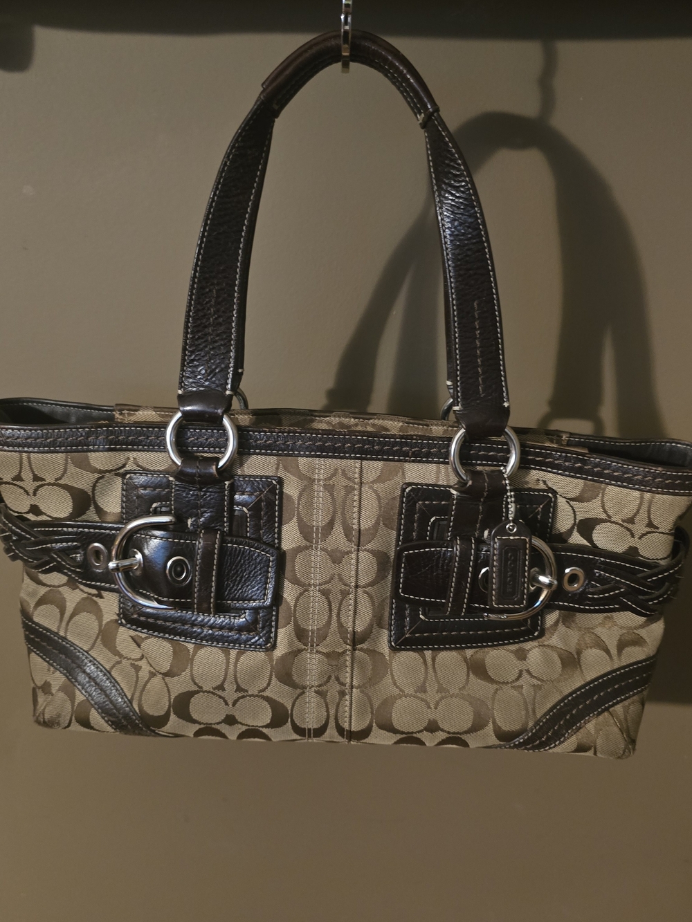 Coach Tan Soho Signature Canvas Shoulder Bag w/ Dark Brown Leather Trim 05089